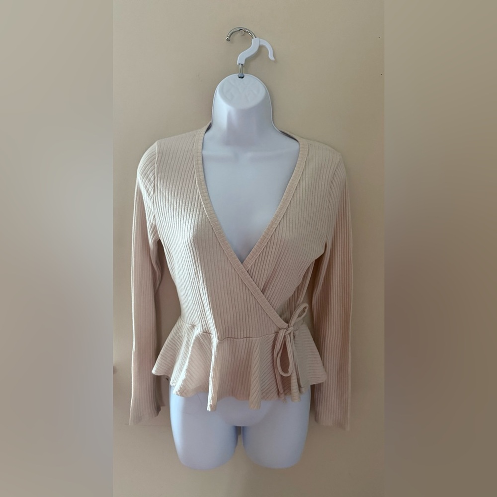 Beige Ribbed Peplum Wrap Top